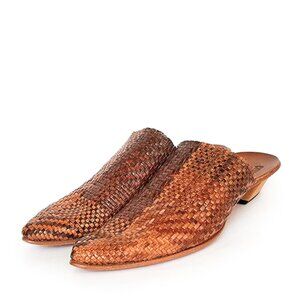 CYDWOQ Orient Woven Brown Plaid Leather Slide With Kitten Heel Size 36